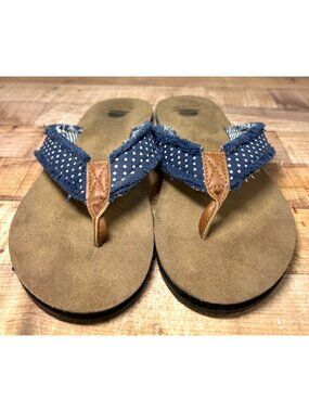 Maui Island Polka Dot & Striped Flip-Flops Frayed Denim Straps Womens Size 8M